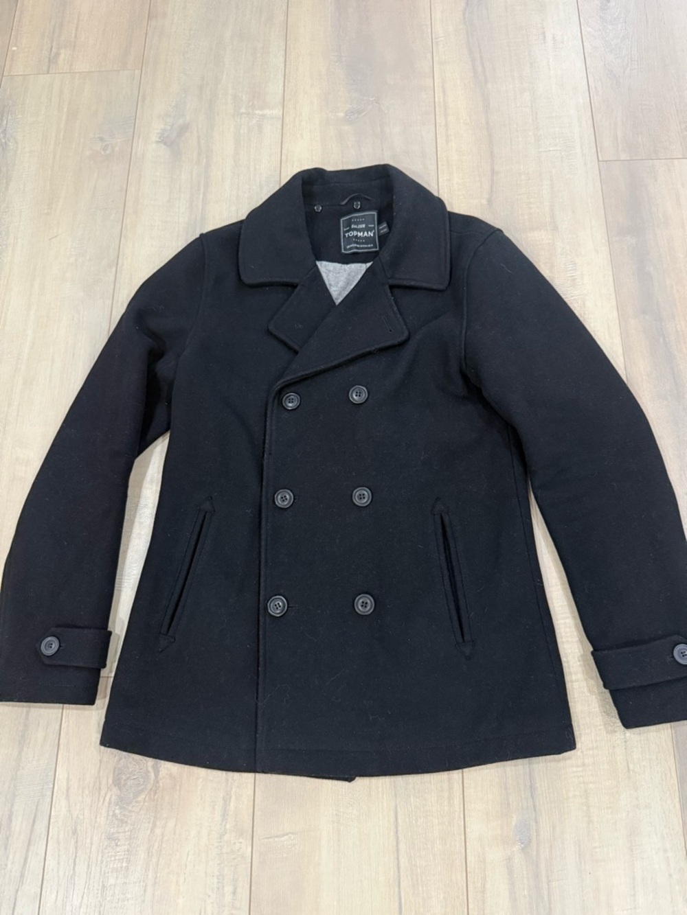 Topman Black Double-Breasted Wool Peacoat